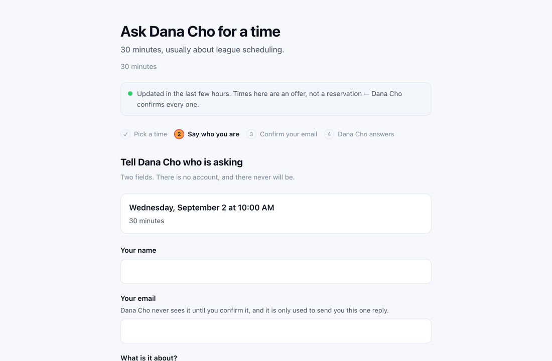 Step two: the chosen time, then two fields, your name and your email.