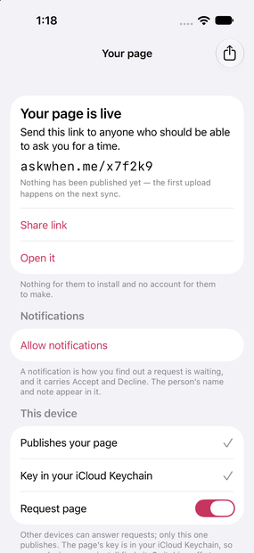 The live page screen on iPhone: 'Your page is live' with the address askwhen.me/x7f2k9, a Share link, notifications, and which device publishes.