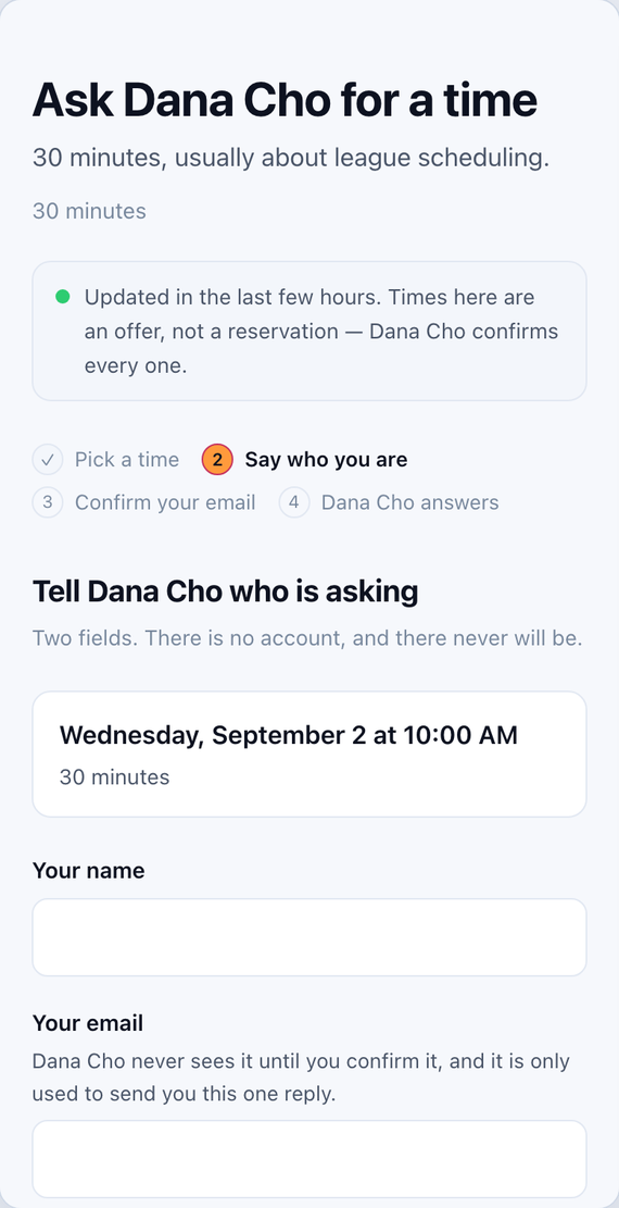 Step two: the chosen time, then two fields, your name and your email.