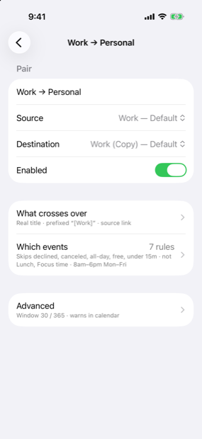 One pair's settings on iPhone: source and destination calendars, an Enabled switch, and collapsed rows summarizing what crosses over and which events are copied.