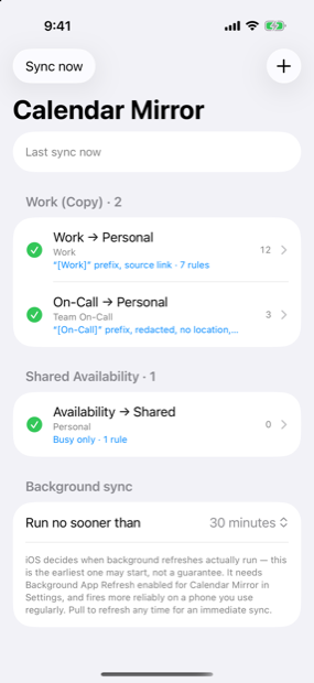 The Calendar Mirror iPhone app listing three pairs, each with a green check and an event count.